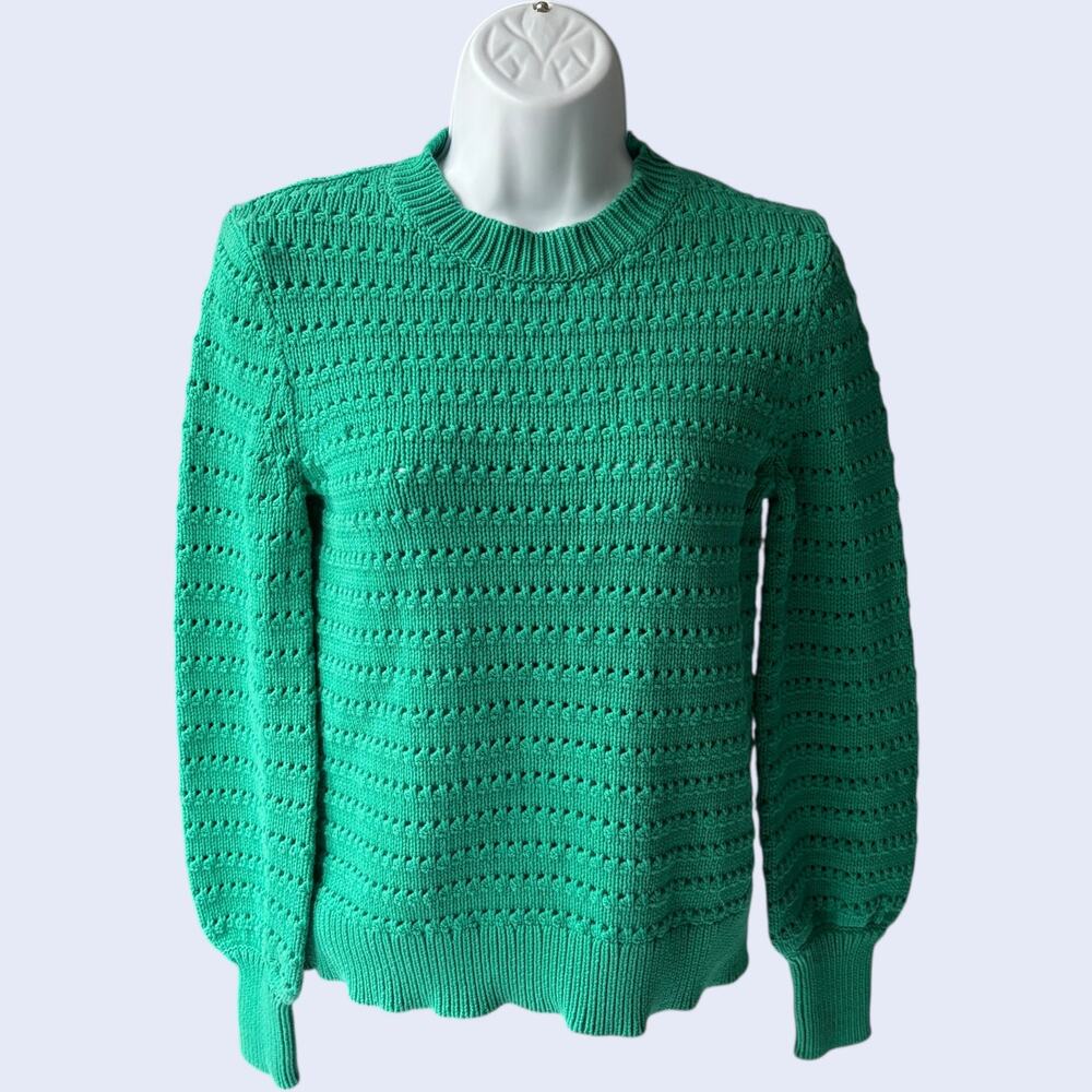 J.CREW Preppy Open Knit Sweater Emerald Green Crew Neck Pointelle Pullover